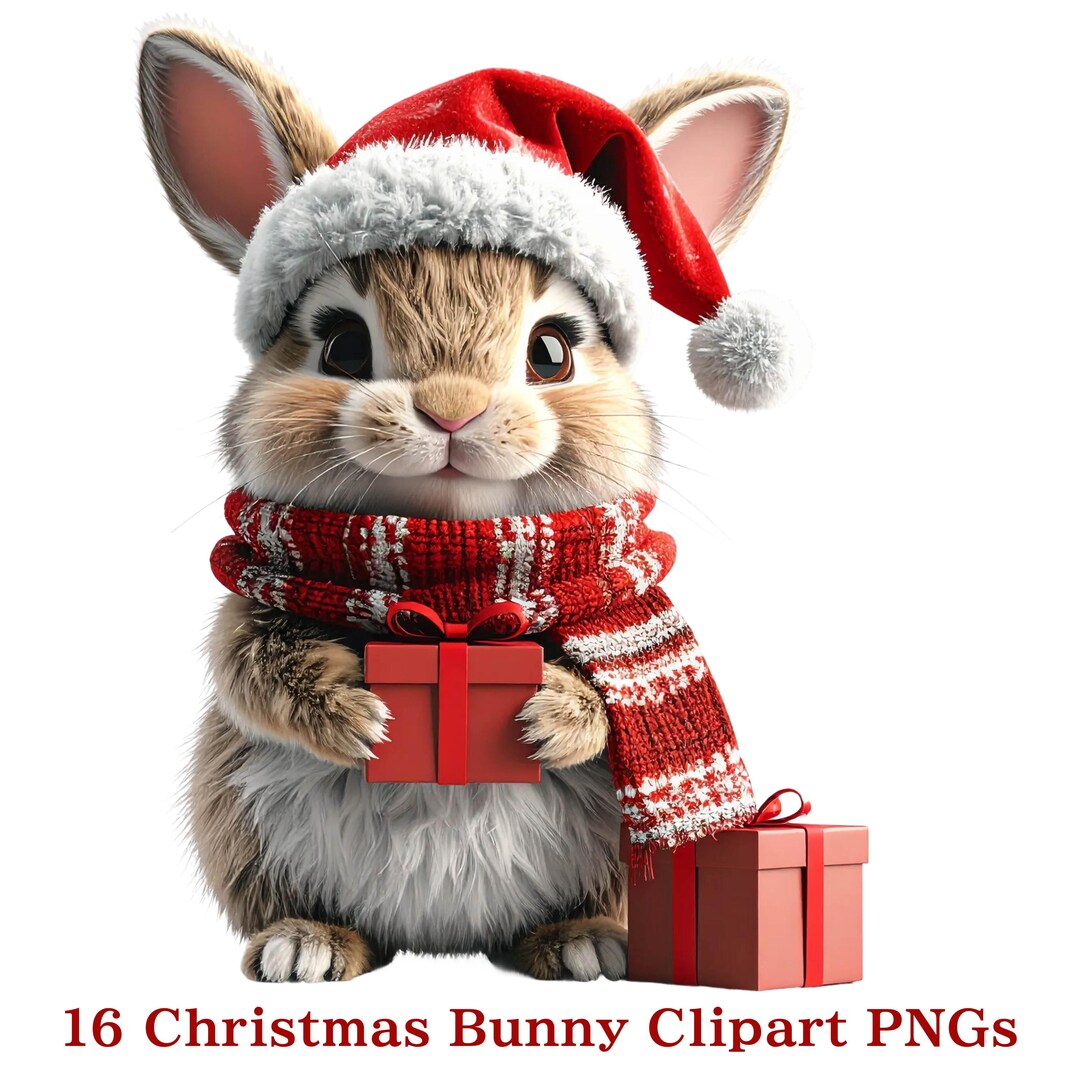 16 Christmas Bunny Clipart PNG Bundle, Winter Rabbits, Gift, Watercolor ...