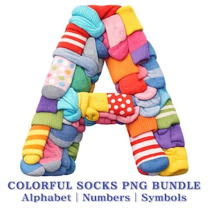 Färgglada strumpor alfabet PNG, söta tygbokstäver och siffror, mysigt lapptäcke typsnitt, barnalfabet clipart, ekoalfabet, klistermärke, sublimering