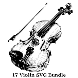 May include: A detailed black and white illustration of a violin and bow. The violin is depicted with intricate shading, showcasing its curves and strings. The bow is positioned above the instrument. Text at the bottom reads "17 Violin SVG Bundle."