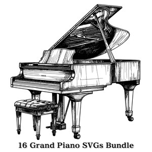 May include: A detailed black and white illustration of a grand piano with its lid open. A matching piano bench is in front. The image includes the text "16 Grand Piano SVGs Bundle" at the bottom, suggesting a digital product.