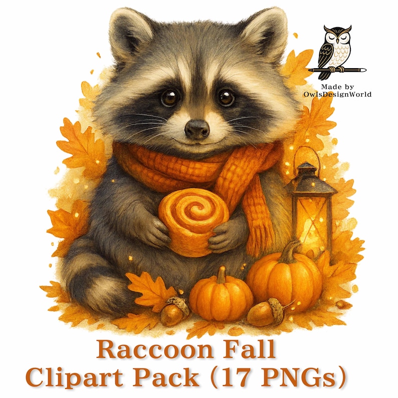 Raccoon Fall Clipart Pack (17 PNG) — Cute Autumn Animals With Pumpkins ...