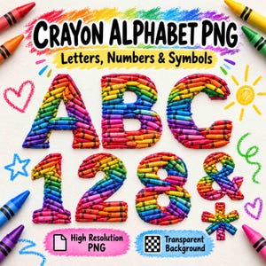 Op de afbeelding: Een digitale afbeelding met de tekst CRAYON ALPHABET PNG Letters, Numbers & Symbols. De letters A, B, C, de cijfers 1, 2, 8 en de symbolen & en * zijn gevormd uit kleurrijke waskrijtjes. Het ontwerp bevat handgetekende krabbels.