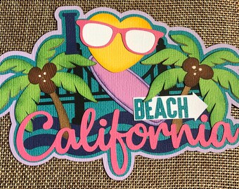 May include: A pink and yellow heart with sunglasses, a surfboard with the text "Beach California" and two green palm trees with brown coconuts.