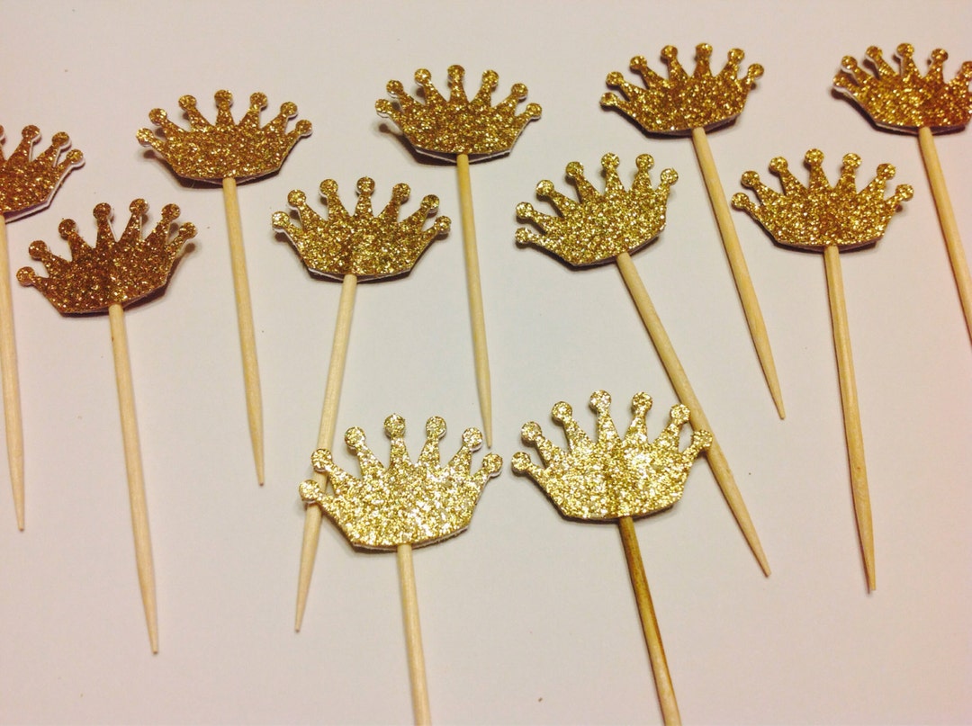 24 GOLD CROWNS Glitter Cupcake Toppers Picks Prince Princess - Etsy