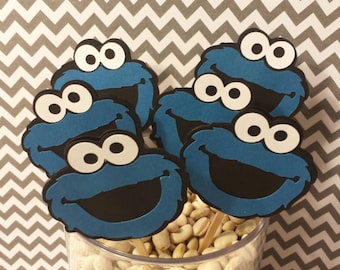 SET of 12 Blue Monster Cupcake toppers cookie eater cupcake topper