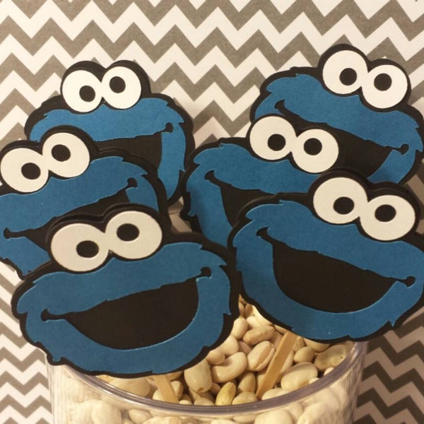 SET of 12 Blue Monster Cupcake toppers cookie eater cupcake topper