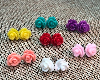ROSE FLOWER RESIN Stud Earrings Hypoallergenic.... You Choose Colors