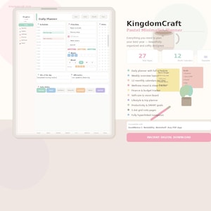 May include: A digital planner displayed on a tablet, featuring a pastel color scheme. The planner includes sections for daily schedules, goals, and habits. Text on the screen reads "KingdomCraft Pastel Minimalist Planner" and "Instant Digital Download."