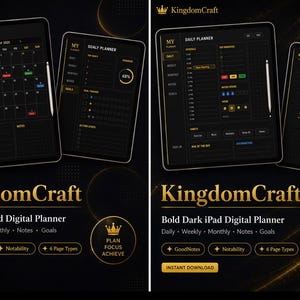 May include: Two iPads displaying a dark-themed digital planner with gold accents. The planner shows monthly, weekly, and daily layouts. The image includes the text "KingdomCraft" and "Bold Dark iPad Digital Planner", plus icons and the words "GoodNotes" and "Notability".
