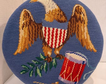 Vintage Americana Needlepoint Foot stool Eagle Drum Patriotic Decor Wood Round