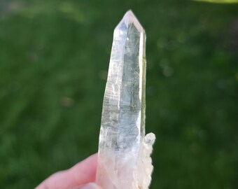 May include: A clear quartz crystal point, held against a blurred green background. The crystal is transparent with visible internal structures and a pointed tip. The base of the crystal has a rough, opaque texture.