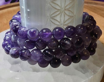 Chevron Amethyst Bracelet • 8mm Natural Stone Beads • 7.5” Stretch Bracelet • Intuition & Spiritual Balance