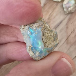 May include: A rough, uncut opal gemstone with a vibrant display of blue, green, and iridescent colors. The opal is held in a hand, showcasing its natural, raw texture and unique patterns. The stone has a light-colored matrix.