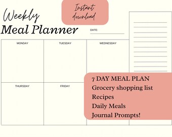 Könnte beinhalten: Ein druckbarer Wochenessensplaner mit cremefarbenem Hintergrund. Der Titel "Weekly Meal Planner" ist in einer stilvollen Schriftart gehalten. Enthält Abschnitte für jeden Tag, eine Einkaufsliste, Rezepte und Journal-Eingabeaufforderungen. Mit dem Text "Sofort-Download".