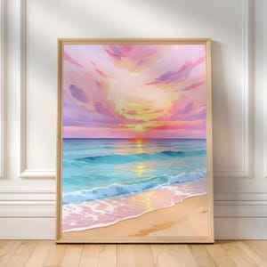 Arte de pared con puesta de sol rosa / Impresión costera playera / Decoración de casa con océano pastel / Descarga digital imprimible de moda