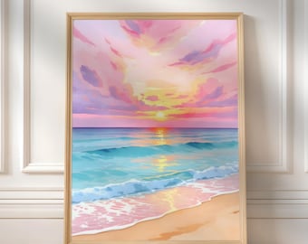 Pink Sunset Wall Art | Coastal Beachy Print | Pastel Ocean House Decor | Trendy Printable Digital Download