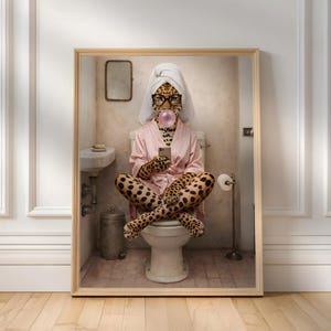 Funny Leopard Bathroom Wall Art Printable, Glam Animal on Toilet with Bubblegum, Pink Robe Powder Room Decor