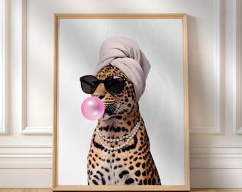 Arte de parede de leopardo rosa | Arte de parede feminina | Impressão de parede de chita moderna | Decoração de quarto retrô e charmosa | Download digital