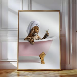 Funny Leopard Bathroom Wall Art Printable, Glam Safari Animal in Bathtub Poster, Whimsical Luxury Bathroom Decor, Digital Download