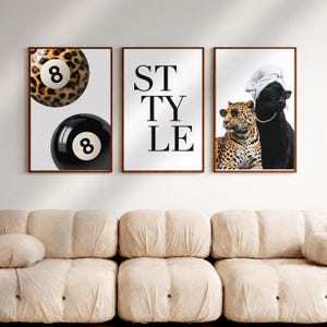 Y2K Leopard Wall Art Set of 3, Trendy Black And White Fashion Poster, Maximalist Gallery Wall Decor, Cheetah 8 Ball Printable Gift