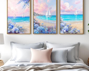 Set of 3 Blue Hydrangea Wall Art, Coastal Triptych Prints, Grandmillennial Beach Decor, Pastel Ocean Print Set, Digital Download