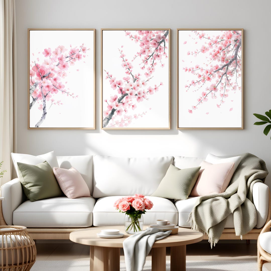 Cherry Blossom Wall Art Set of 3 | Pink Floral Bouquet Prints ...