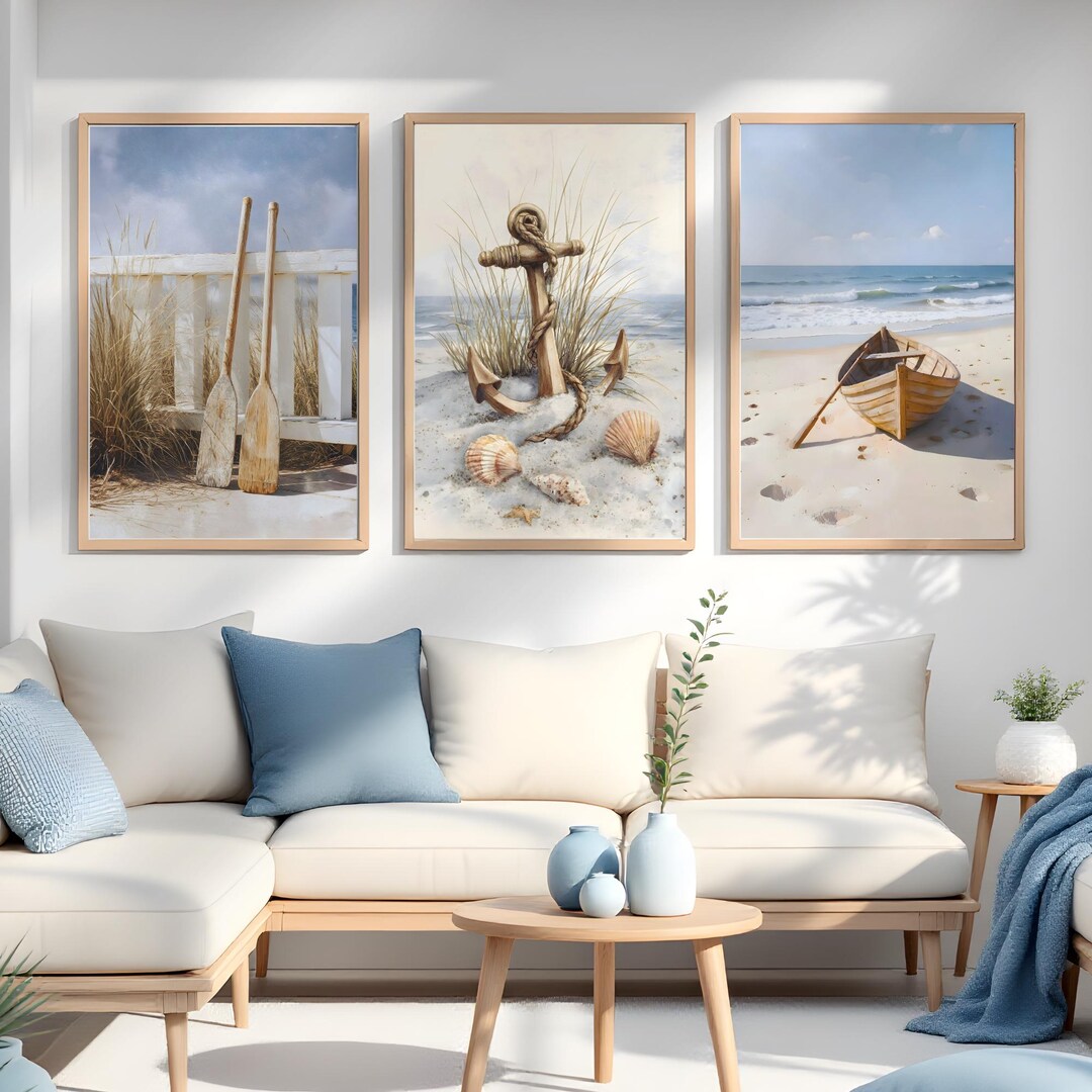 Coastal Nautical Wall Art Set of 3 | Beach Anchor Boat & Oars Prints ...