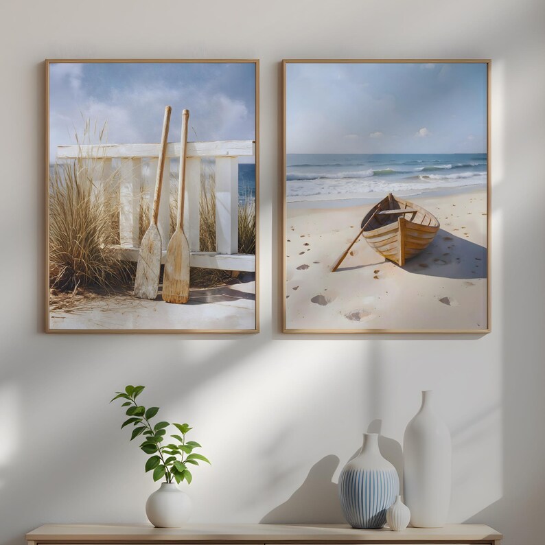 Coastal Nautical Wall Art Set of 3 | Beach Anchor Boat & Oars Prints ...
