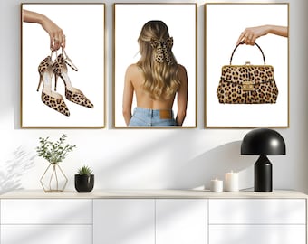 Fashion Leopard Wall Art Set of 3 | Y2K Aesthetic Cool Girl Decor | Leopard Print Heels Bow & Bag | Modern Fashion Poster | Digital Download