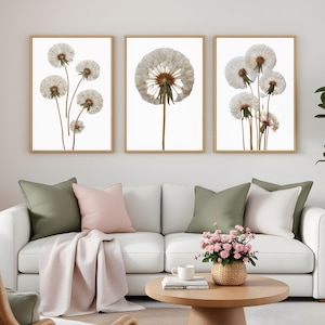 Könnte beinhalten: Drei gerahmte Drucke mit Nahaufnahmen von Pusteblumen-Samenköpfen. Die Pusteblumen sind vor einem weißen Hintergrund mit hellbraunen Holzrahmen platziert. Die Drucke werden über einem weißen Sofa mit grünen und rosa Kissen angezeigt.