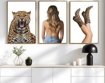 Fashion Leopard Wall Art Set of 3 | Y2K Aesthetic Cool Girl Decor | Leopard Print Boots & Glam | Trendy Fashion Poster Set, Digital Download