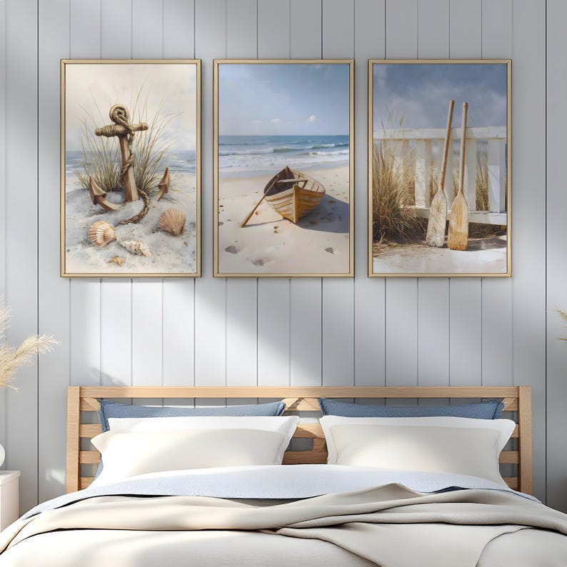 Coastal Nautical Wall Art Set of 3 | Beach Anchor Boat & Oars Prints ...