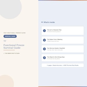 Könnte beinhalten: Ein digitaler Leitfaden mit dem Titel The Functional Freeze Survival Guide von The Inner Root Studio. Das Dokument listet vier Abschnitte auf: This Isn't a Character Flaw, The Hidden Cost of Masking, Your Nervous System, Simplified und Tiny Steps for Zero-Energy Days.