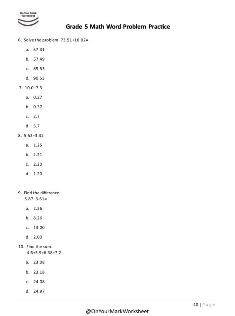 Grade 5 Math Word Problems: 40-page Practice Worksheets (PDF Download ...