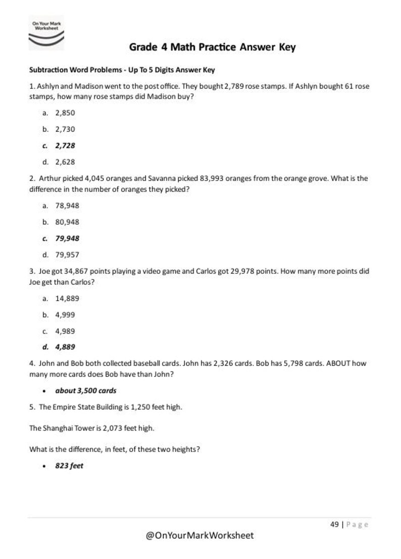Grade 4 Printable Math Worksheets – Instant Download, 50 Pages ...