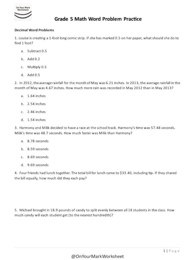 Grade 5 Math Word Problems: 40-page Practice Worksheets (PDF Download ...