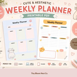 Puede incluir: Dos páginas de planificador semanal en PDF imprimible con ilustraciones de gatos, bloques de colores pastel y secciones organizadas para tareas diarias. Los diseños incluyen etiquetas para los días de la semana, notas y motivos decorativos.