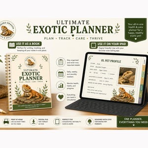 Puede incluir: Una agenda física con encuadernación en espiral y una tableta digital que muestra una página de perfil de mascota, ambas tituladas Ultimate Exotic Planner. La portada y la pantalla presentan una ilustración de un dragón barbudo, texto e iconos.