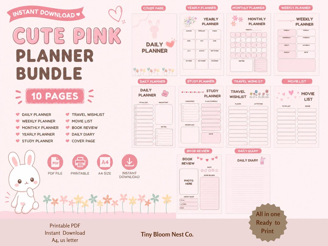 Kawaii Pink Planner Bundle Printable | Daily Weekly Monthly Yearly ...