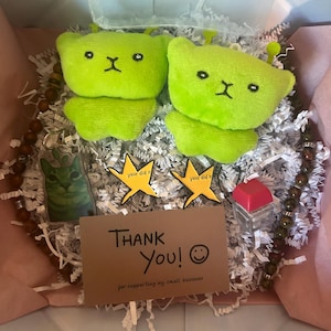 May include: Two lime green plush alien figures with antennae, a clear acrylic cat charm, two yellow star-shaped pins with the text 'you did it', a red keycap, and a brown card with the text 'THANK YOU! for supporting my small business'.