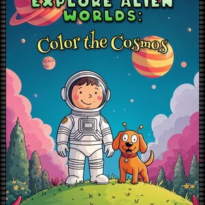 May include: A children's book cover featuring an astronaut and a dog on a planet, with the title "SPACE FRIENDS EXPLORE ALIEN WORLDS: Color the Cosmos." The illustration includes colourful planets and clouds. Illustrated by A Friendly Space Robot.