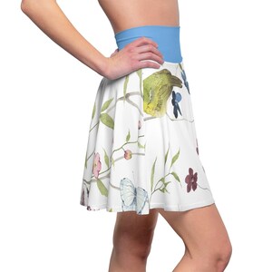 Floral Skater Skirt: Bird & Flower Print, High-Rise Waist