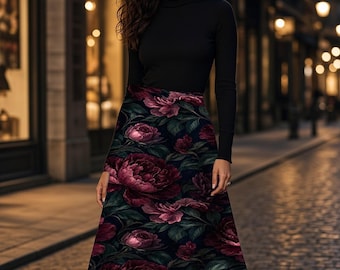 Donkere rok met bloemenprint, bordeauxrode midi-rok met pioenrozenprint, stemmige zwarte rok met bloemenprint, romantische vintage schilderijprint, herfst/wintercadeau voor haar
