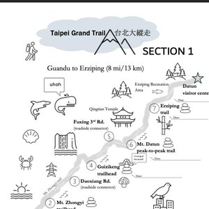 May include: A black and white map of the Taipei Grand Trail, Section 1, from Guandu to Erziping (8 mi/13 km). The map includes illustrations of landmarks, trails, and the text "Taipei Grand Trail" and "SECTION 1".