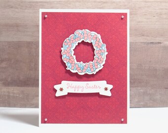 Handmade Easter Card: Floral Wreath, Dazzle Sticker Flowers