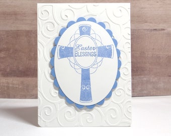 Handmade Embossed Easter Card: Blue Cross, Easter Blessings