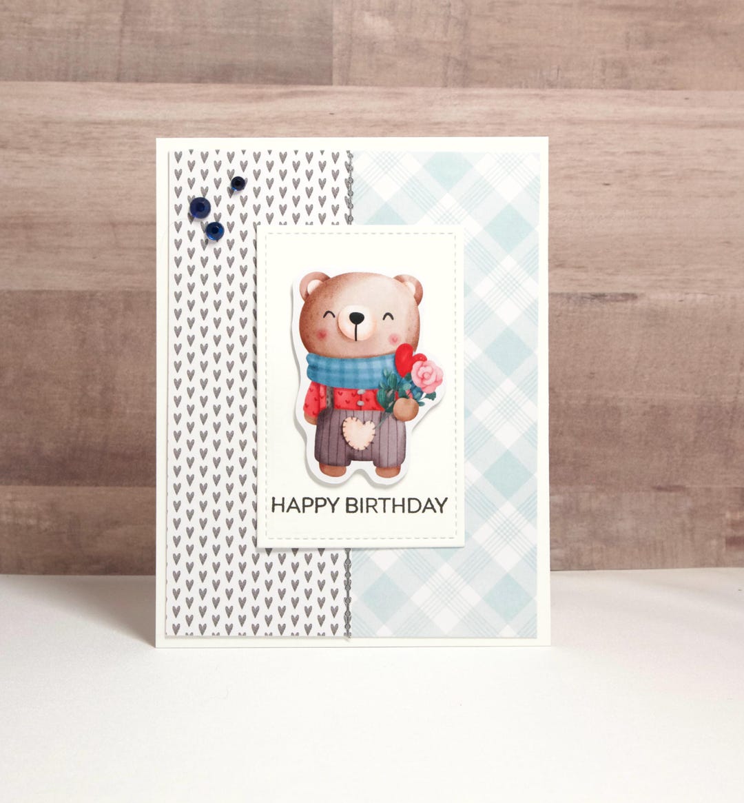 Boy Birthday Card – Handmade Bear, Blue Gems - Etsy