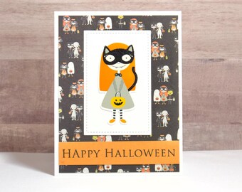 Girl Cat Halloween Costume Card Trick or Treat Cards for Girls Spooky Handmade Greetings