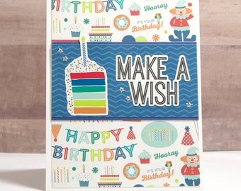 Make a Wish Birthday Card- Birthday Cake Card- Birthday Cards- Handmade Birthday Card