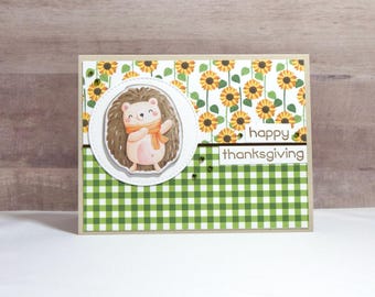 Handmade Thanksgiving Card – Hedgehog with Scarf, Green Gems